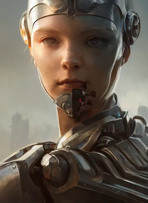 Prompt: A portrait of a female cyborg in armour by Greg Rutkowski, Sung Choi, Mitchell Mohrhauser, Maciej Kuciara, Johnson Ting, Maxim Verehin, Peter Konig, final fantasy, 8k photorealistic, cinematic lighting, HD, high details, dramatic, atmospheric , trending on artstation