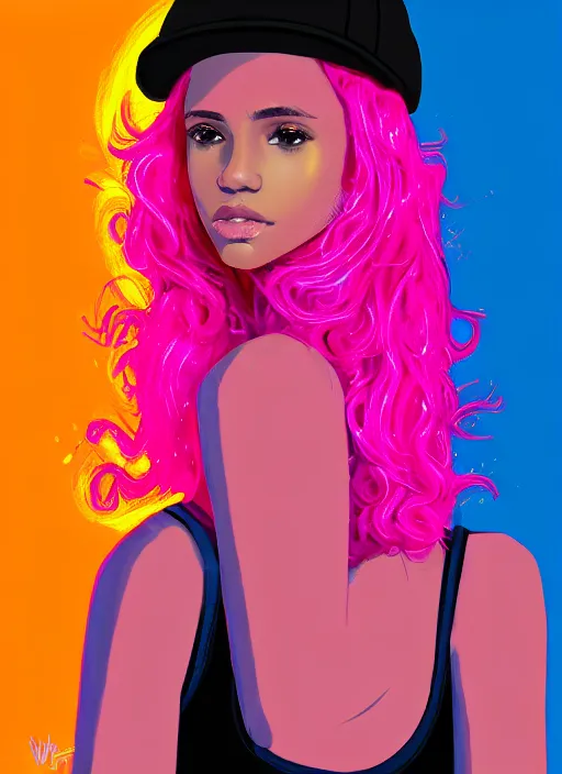 Image similar to portrait of teenage vanessa morgan with bright pink hair, black girl, curly pixie cut hair, wearing newsboy cap, pink short haircut, newsboy cap, hoop earrings, blue eyes, intricate, elegant, glowing lights, highly detailed, digital painting, artstation, concept art, smooth, sharp focus, illustration, art by wlop, mars ravelo and greg rutkowski