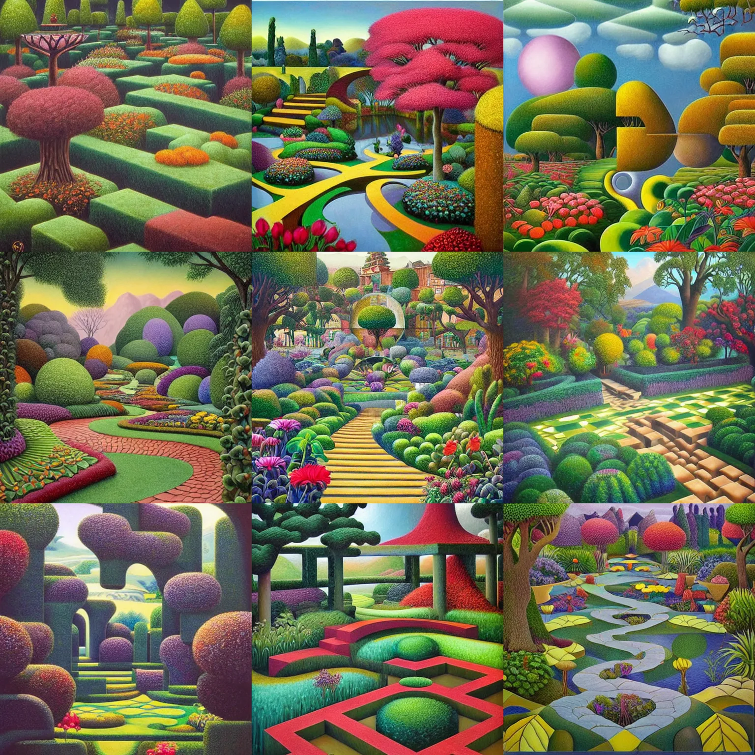 Prompt: a gorgeous, fantastic, magic garden landscape by michael kidd, mc escher, trending on artstation, artgerm, oil on canvas, muted color tones, darker,!! low contrast!!