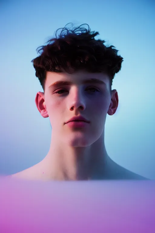 Image similar to high quality pastel coloured film mid angle selfie photograph of a beautiful young 2 0 year old male, soft features, short black hair, standing in an icelandic black rock environment. atmospheric. three point light. photographic. art directed. ( pastel colours ). volumetric light. clearcoat. waves glitch. 8 k. filmic.