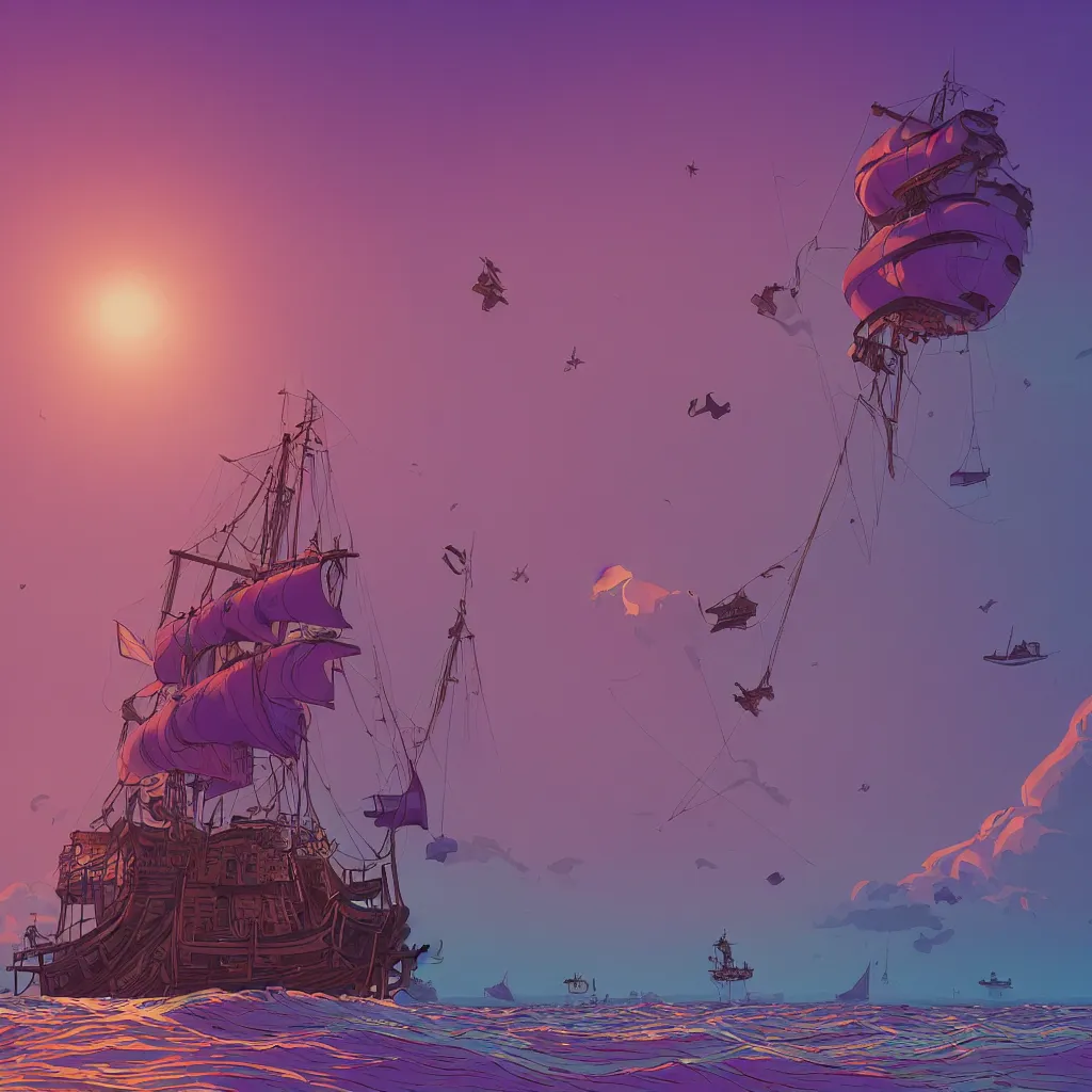 Prompt: a retro magazine cover of a pirate ship on a purple ocean at sunset by tomer hanuka and beeple and feng zhu and brian maebius and brian rigney, filmic, dramatic composition, rule of thirds, simple, epic, masterpiece, global illumination, vray