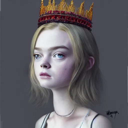 Image similar to a striking hyper real concept art of Elle Fanning with a crown by Masanori Warugai