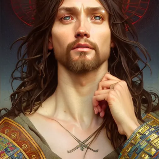 Prompt: portrait painting of a jesus, ultra realistic, concept art, intricate details, highly detailed, photorealistic, octane render, 8 k, unreal engine. art by artgerm and greg rutkowski and magali villeneuve and alphonse mucha