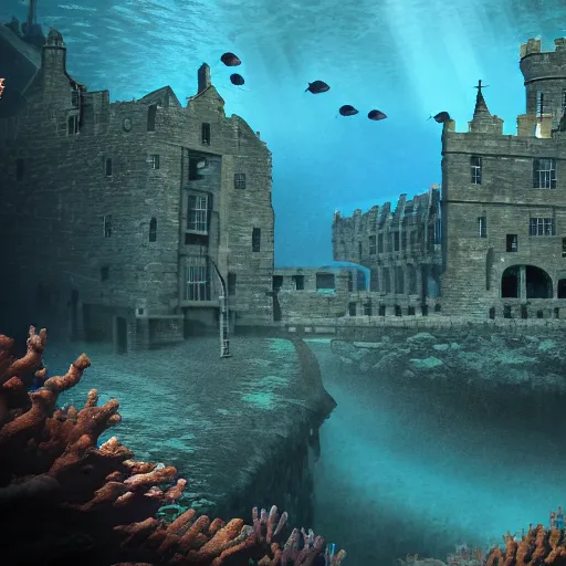 Image similar to underwater edinburgh castle, deep underwater, fish shoal, concept art in style of Greg Rutkowki, dynamic lighting, 4k, very very very highly detailed, very very very realistic