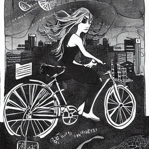 Prompt: cityscape, dystopian, girl on a bicycle. black flowers in her hair. folk horror. great detail.