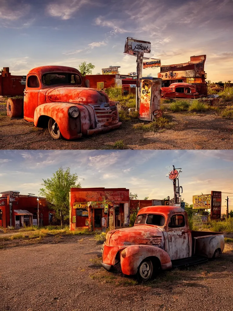 Image similar to A beautiful colorful evening scene of route66 with abandoned gas station and rusty old pickup truck :: hyper realistic