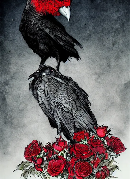 Image similar to portrait, A crow with red eyes in front of the full big moon, book cover, red roses, red white black colors, establishing shot, extremly high detail, foto realistic, cinematic lighting, pen and ink, intricate line drawings, by Yoshitaka Amano, Ruan Jia, Kentaro Miura, Artgerm, post processed, concept art, artstation, matte painting, style by eddie mendoza, raphael lacoste, alex ross