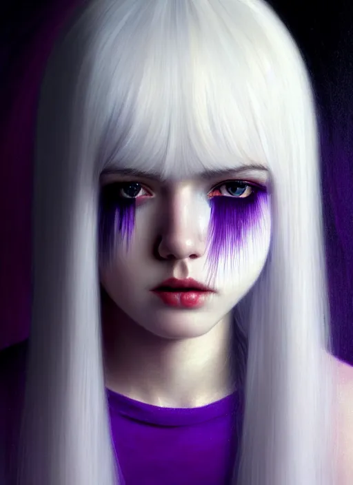 Image similar to hair whitebangs hair, black hair, whitebangs, portrait of teenage girl with white bangs, red irises, purple clothes, white bangs, bangs are different color from hair, intricate, elegant, glowing lights, highly detailed, digital painting, artstation, concept art, smooth, sharp focus, illustration, art by wlop, mars ravelo and greg rutkowski