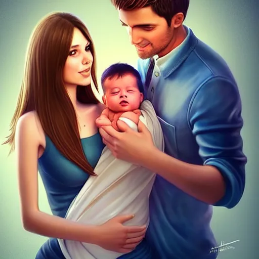 Prompt: a happy husband and his brunette wife standing together, she is holding their newborn baby girl, beautifully lit, detailed, by artgerm, mumford and rutkowski, artstation cgsociety