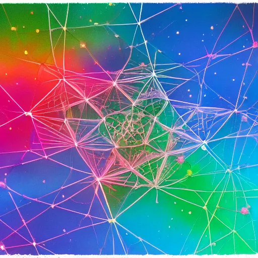 Prompt: fractal strandbeest wandering through colorful nebulas on the fringes of the edge of realitys rainbow, illustration with colors that pop