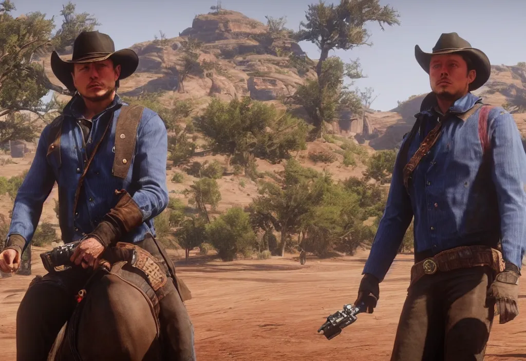 Image similar to elon musk in the red dead redemption 2, elon musk in the video game red dead redemption 2, gameplay screenshot, close up, 3 d rendering. unreal engine. amazing likeness. very detailed.