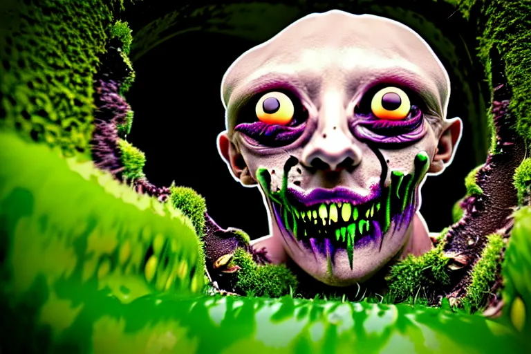 Image similar to a cursed image of a creature infested crevice, evil, staring at you, damnation, liminal, garden