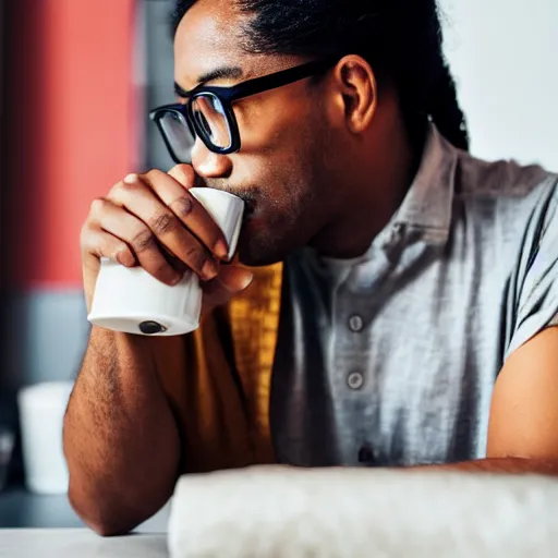 Prompt: Black asian man with dark long hair, wearing glasses and drinking coffee mixed with rum