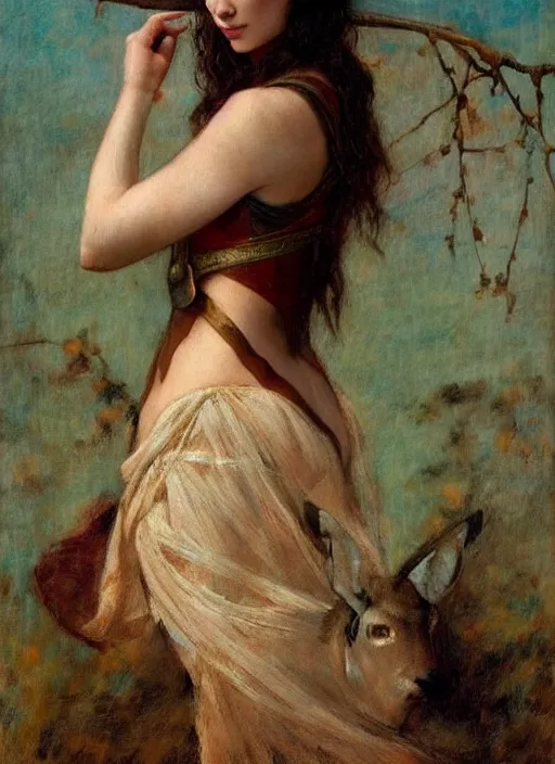 Prompt: a beautiful painting of Gal Gadot as a deer by juan luna, pre-raphaelite, detailed, trending on artstation, hd, masterpiece