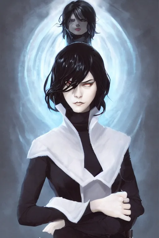 Image similar to grumpy dark haired women, ice mage, medium shot, by travis charest and ilya kuvshinov, black coat, black makeup, shooting ice, fantasy artwork, fantastic artwork, 4 k, trending on artstation