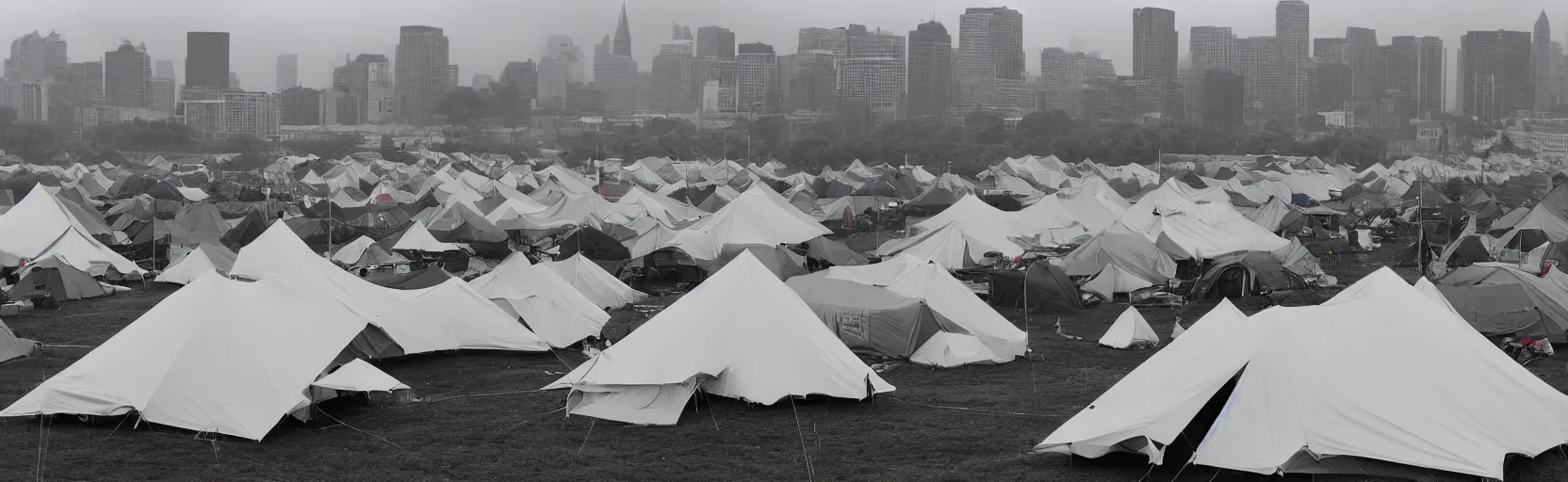 Image similar to cloudy, grey skies, american knights, tent camp in foreground, fortress city of office buildings in background upon hill