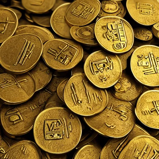 Image similar to A pile of ancient gold coins with the Yoda and hieroglyphic writing, cinematic, hyper realism, high detail, octane render, 8k