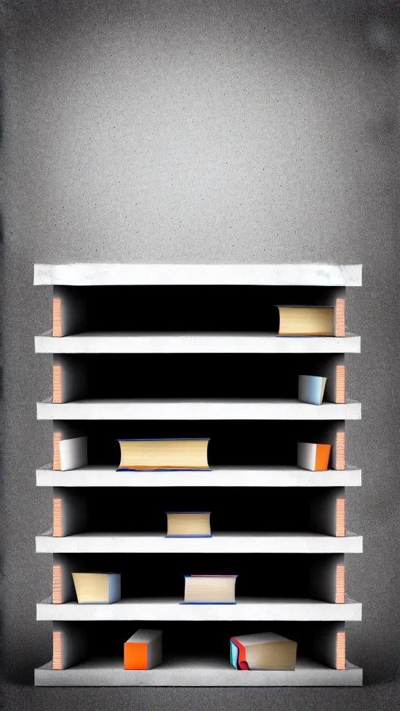 Prompt: hyper realistic one point perspective of wooden book shelf with concrete background