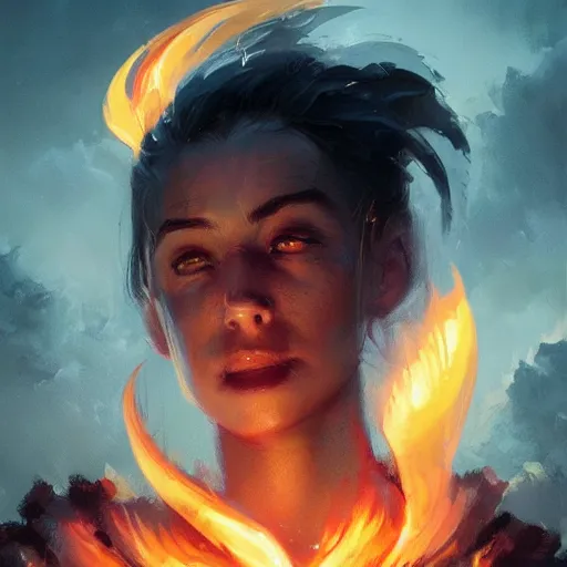 Image similar to a beautiful portrait of a flame goddess by by Greg Rutkowski and Raymond Swanland, Trending on Artstation, Flaming Background, ultra realistic digital art