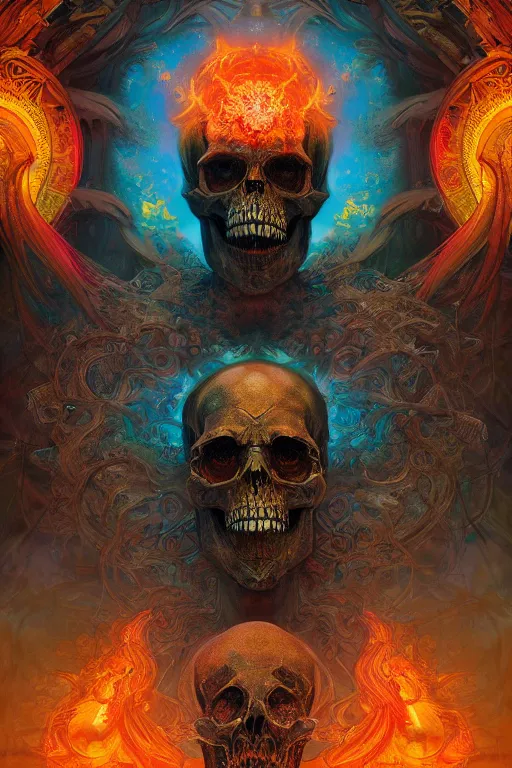 Image similar to gigantic skull center, psychedelic demonic cosmic death and flames, fantasy painting, ultra realistic, wide angle, art nouveau, intricate details, rainbowshift, vivid colors, highly detailed by peter mohrbacher, h. r. giger, maxfield parrish, gustave dore, craig mullins, octane render, cgi