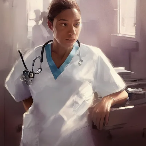 Image similar to a female doctor in scrubs, looking tired, in the middle of lots of sick people in beds, hospital hall, by greg rutkowski, trending on artstation