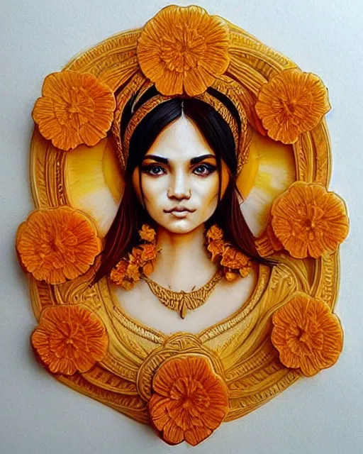 Prompt: beautiful marigold priestess portrait, carved ivory intricate gilding design, artgerm, watercolor, flowers