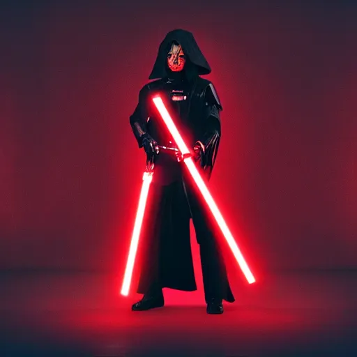 Image similar to “Michael Jackson as a Sith Lord holding a red lightsaber, cinematic lighting, beautiful composition, 8k resolution”