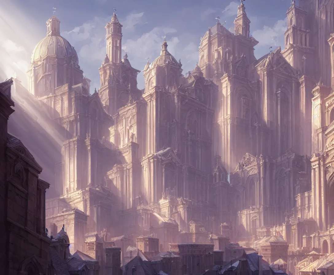 Prompt: highly detailed concept art of authoritarian pearly white medieval city, roman architecture with religious iconography, sunbeams, art by jonathan berube, digital painting, fantasy, d & d, beautiful, illustration