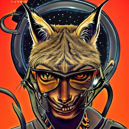 Prompt: lynx - headed space pirate, science fiction, pulp sci fi, heavy metal magazine, illustration