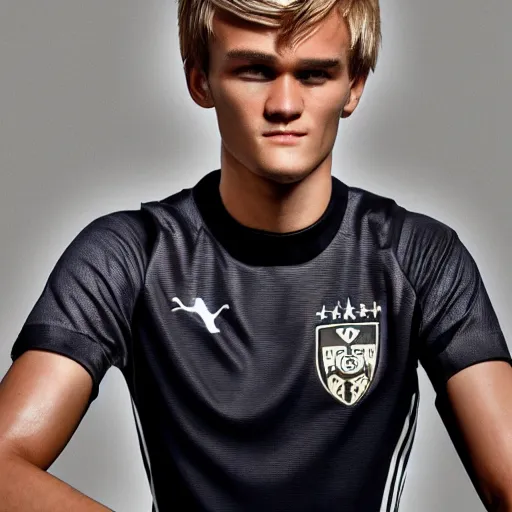 Image similar to a realistic detailed photo of a guy who is an attractive humanoid who is half robot and half humanoid, who is a male android, soccer player martin ødegaard, shiny skin, posing like a statue, blank stare, in a living room, on display, showing off his muscles