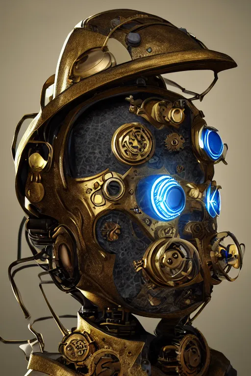 Image similar to steampunk mask minimalist fantasy art robot ninja helmet, global illumination ray tracing hdr fanart arstation by sung choi and eric pfeiffer and gabriel garza and casper konefal radiating a glowing aura