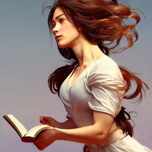 Image similar to a girl reading a book, dynamic action pose, hair flowing down, intricate, highly detailed, digital painting, artstation, concept art, smooth, sharp focus, illustration, Unreal Engine 5, 8K, art by artgerm and greg rutkowski and alphonse mucha