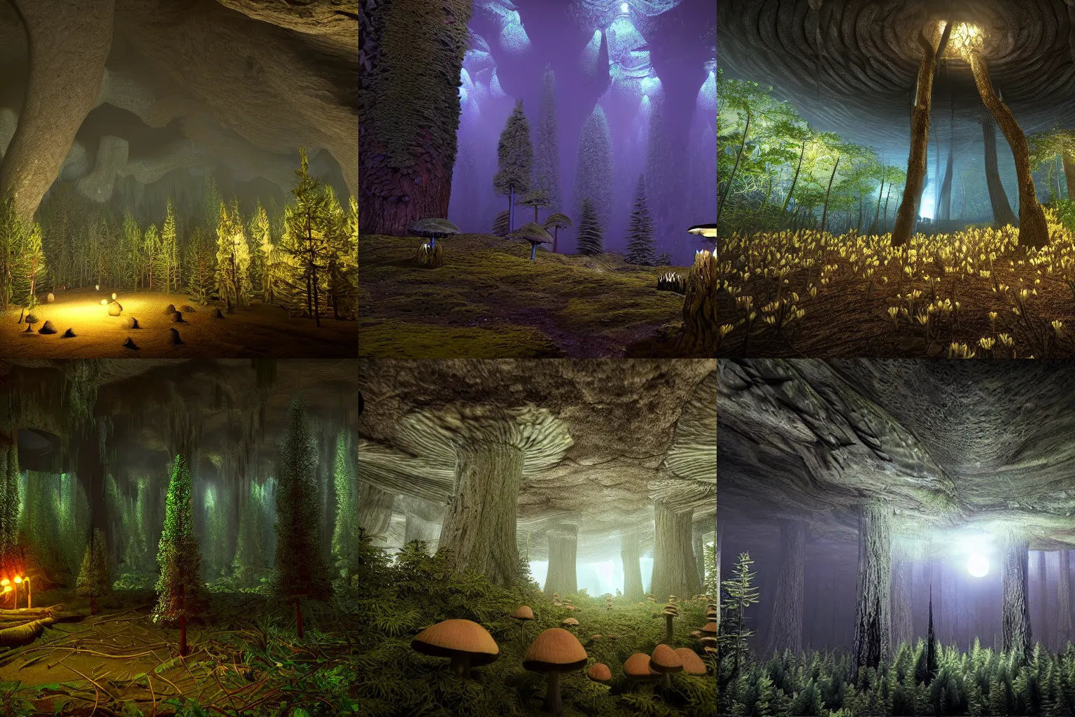 Prompt: A forest at night with hundreds of pine trees, all growing inside an enormous, dark cavern, cavern ceiling is visible. Mushrooms on the ceiling provide dim, yellow glowing light. Unreal engine, photorealistic.