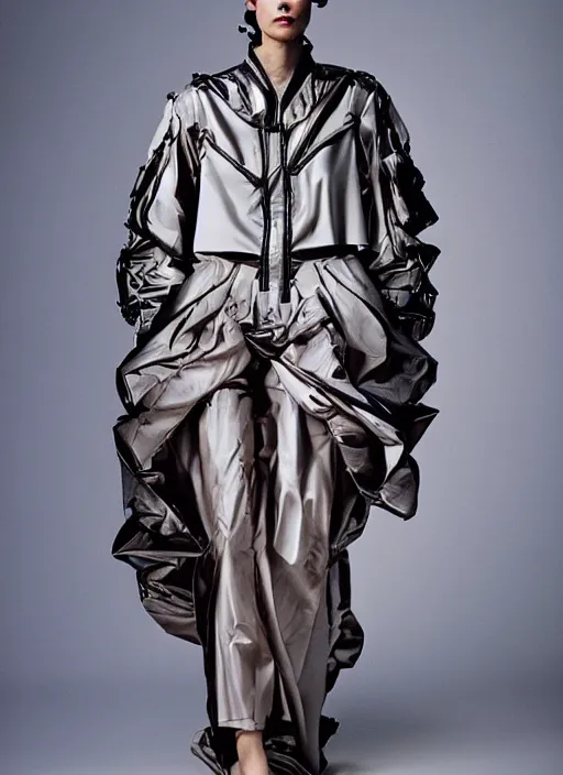 Prompt: a portrait of a model detailed features wearing a cargo wedding dress - chic'techno fashion trend lots of zippers, pockets, synthetic materials, jumpsuits. - by balenciaga and issey miyake by ichiro tanida and mitsuo katsui