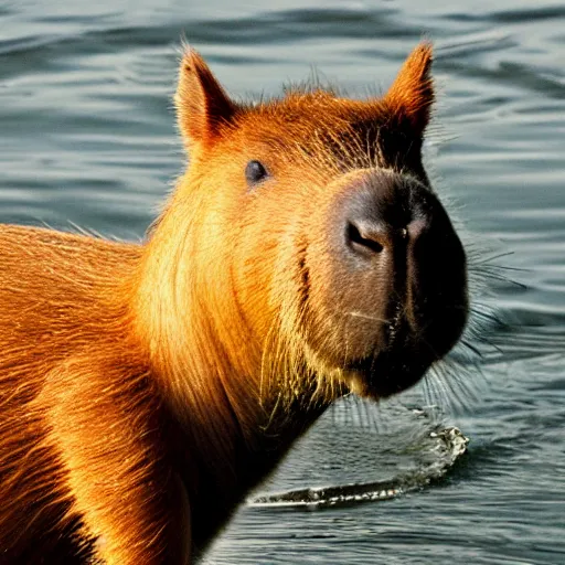 Image similar to candid photograph of a capybara swimming in a lake