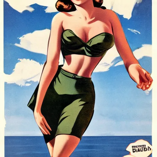 Prompt: World war II era pin up poster of a female T. Rex wearing a bikini