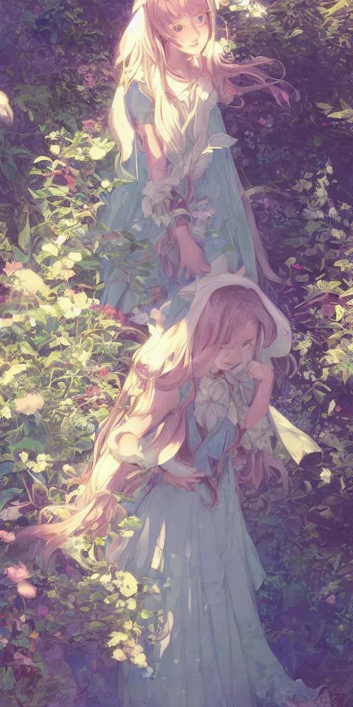 Image similar to a digital art of a loli with long hair in a dress in the privet garden at after noon, blue and warm theme, back lighting, by krenz cushart and mucha and akihito yoshida and greg rutkowski and makoto shinkai, detailed eyes, 4 k resolution, trending on art station