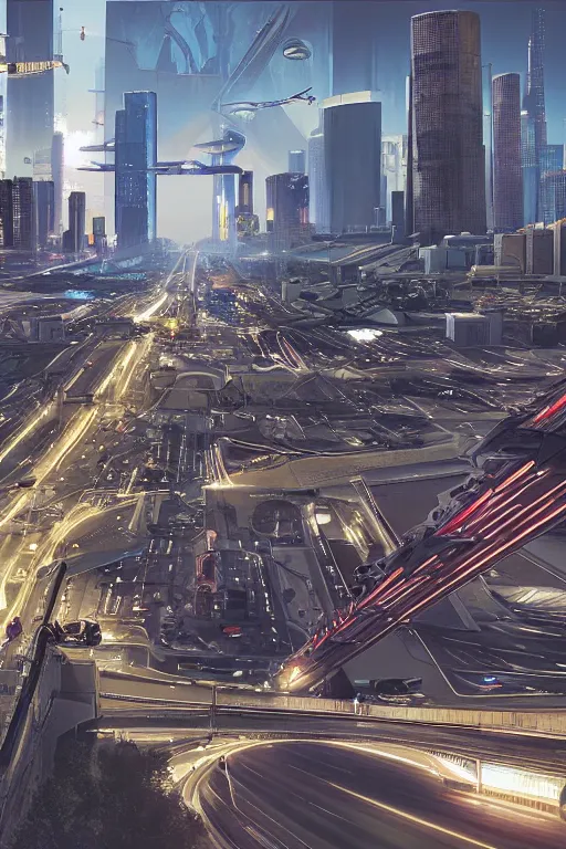 Image similar to a futuristic cyberpunk los angeles with flying traffic and mega structures