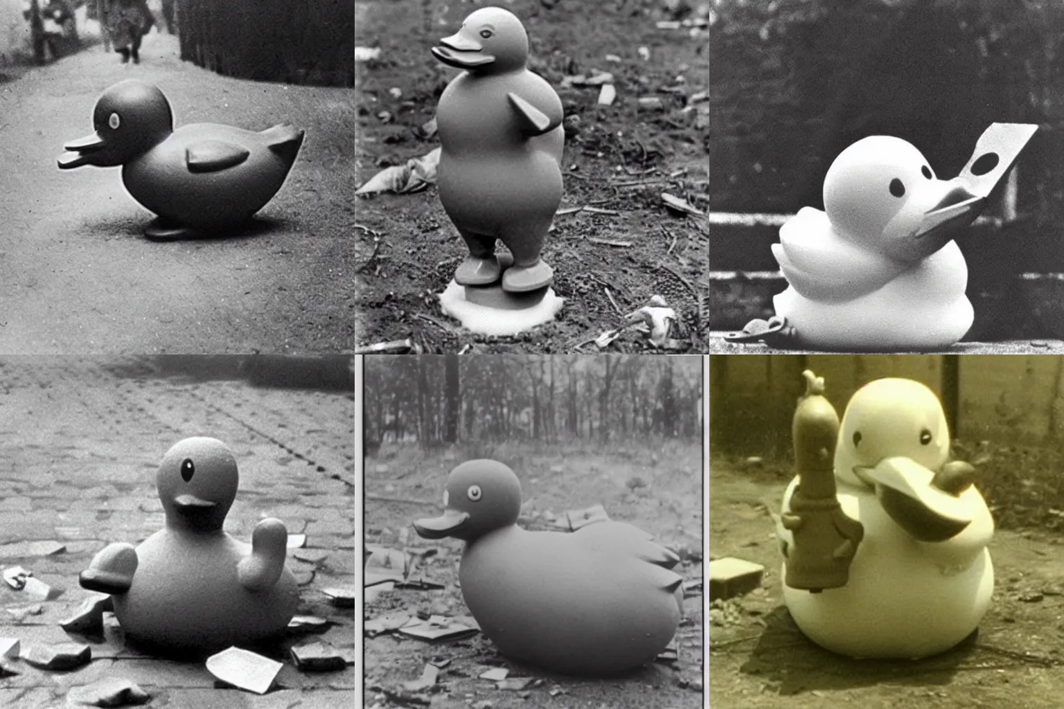 Prompt: secret vintage photo of rubber duck committing war crimes in World war 2, why did he do that??!!