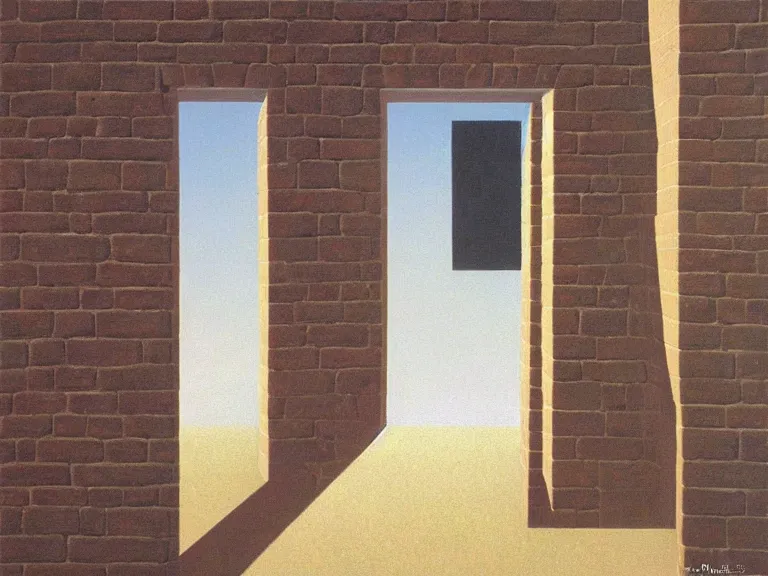 Prompt: an open door to nothingness in brick wall, painting by rene magritte, high detail!!, high resolution!!