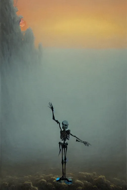 Image similar to a slender skeleton with gnarled limbs,very soft blue and orange pastel colors, dances on an apocalyptic landscape in the light of twilight with steamer,smoke and fog, painting by Beksiński,darkart, hyperdetailed,4k, very beautiful