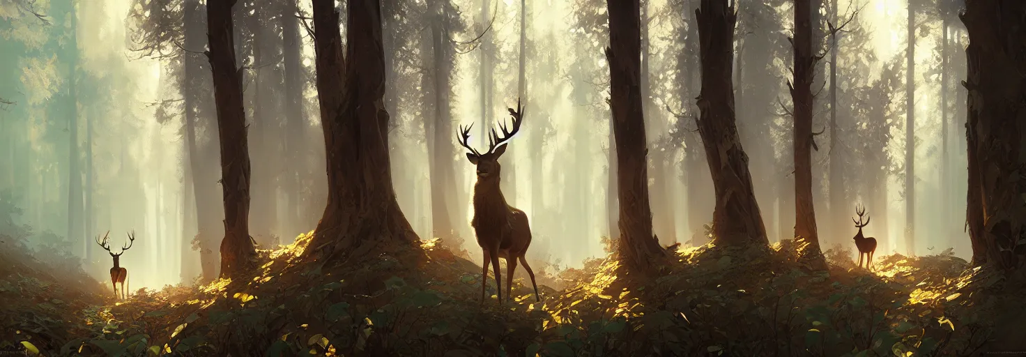 Image similar to Deer in Sherwood Forest, full frame, highly detailed, digital painting, artstation, concept art, smooth, sharp focus, illustration, art greg rutkowski and alphonse mucha