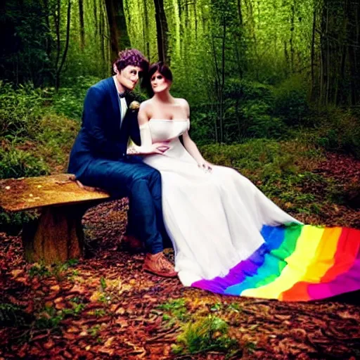 Image similar to picture of gemma arterton wearing a long rainbow wedding gown, sitting in a colorful forest