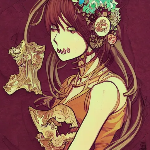 Prompt: anime manga skull portrait girl female skeleton illustration sunset artgerm comic Geof Darrow and Ashley wood and Ilya repin and alphonse mucha pop art nouveau