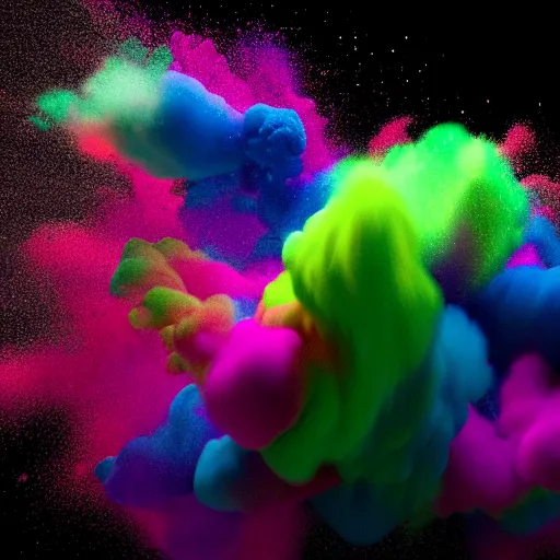 Prompt: color powder explosion on black background, particles, fine detail, hyperrealism, realistic, sharp focus, octane render, sidefx houdini, artstation, vfx