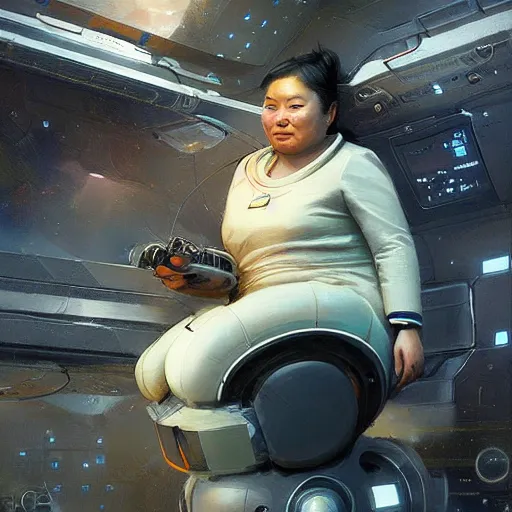 Image similar to a space colonist from china, female, chubby, brilliant and uptight, sci fi character portrait by Greg Rutkowski, Craig Mullins