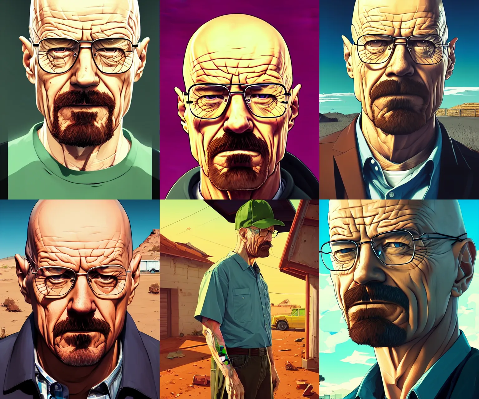 Prompt: portrait of a walter white, gta san andreas cover art, borderlands style, celshading, trending on artstation, by rhads, andreas rocha, rossdraws, makoto shinkai, laurie greasley, lois van baarle, ilya kuvshinov and greg rutkowski