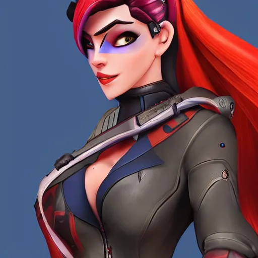 Prompt: widowmaker overwatch in the desert riding on a horse, black and red jacket, collar around neck, very detailed face, feminine face, full body