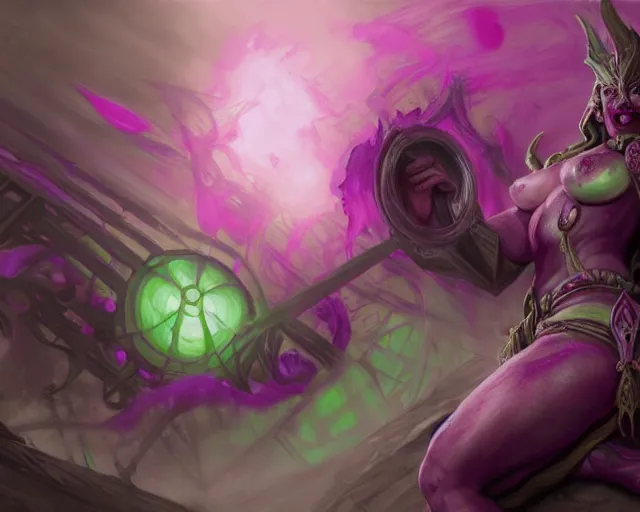 Prompt: wide shot of a chosen of slaanesh, pink and purple colours, bottom up green lighting, mutated, laughing, screaming, deep focus, d & d, fantasy, intricate, grim, highly detailed, digital painting, artstation, concept art, matte, sharp focus, illustration, hearthstone, art by artgerm and greg rutkowski and alphonse mucha