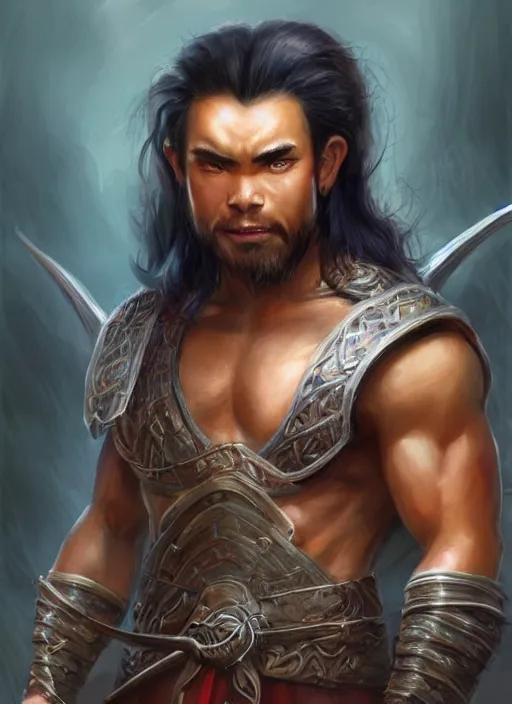 Image similar to muscly asian man mid parted hair, dndbeyond, bright, colourful, realistic, dnd character portrait, full body, pathfinder, pinterest, art by ralph horsley, dnd, rpg, lotr game design fanart by concept art, behance hd, artstation, deviantart, hdr render in unreal engine 5